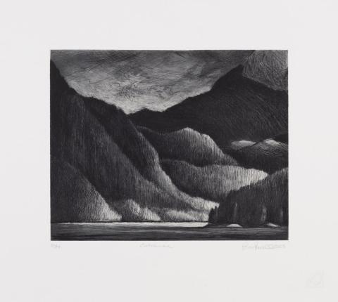 Entrance by Ross Penhall. Black and white etching of mountains rising above a body of water. Light catches the water as it winds around a corner.